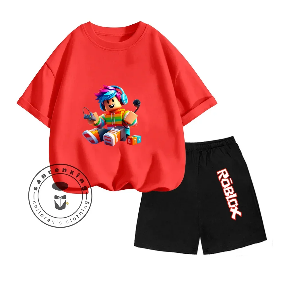 Kids 3-13 Years Old Summer Cute Roblox Games Cartoon Print Design O-neck American Short Sleeve +Fashion Letter Shorts Set 6