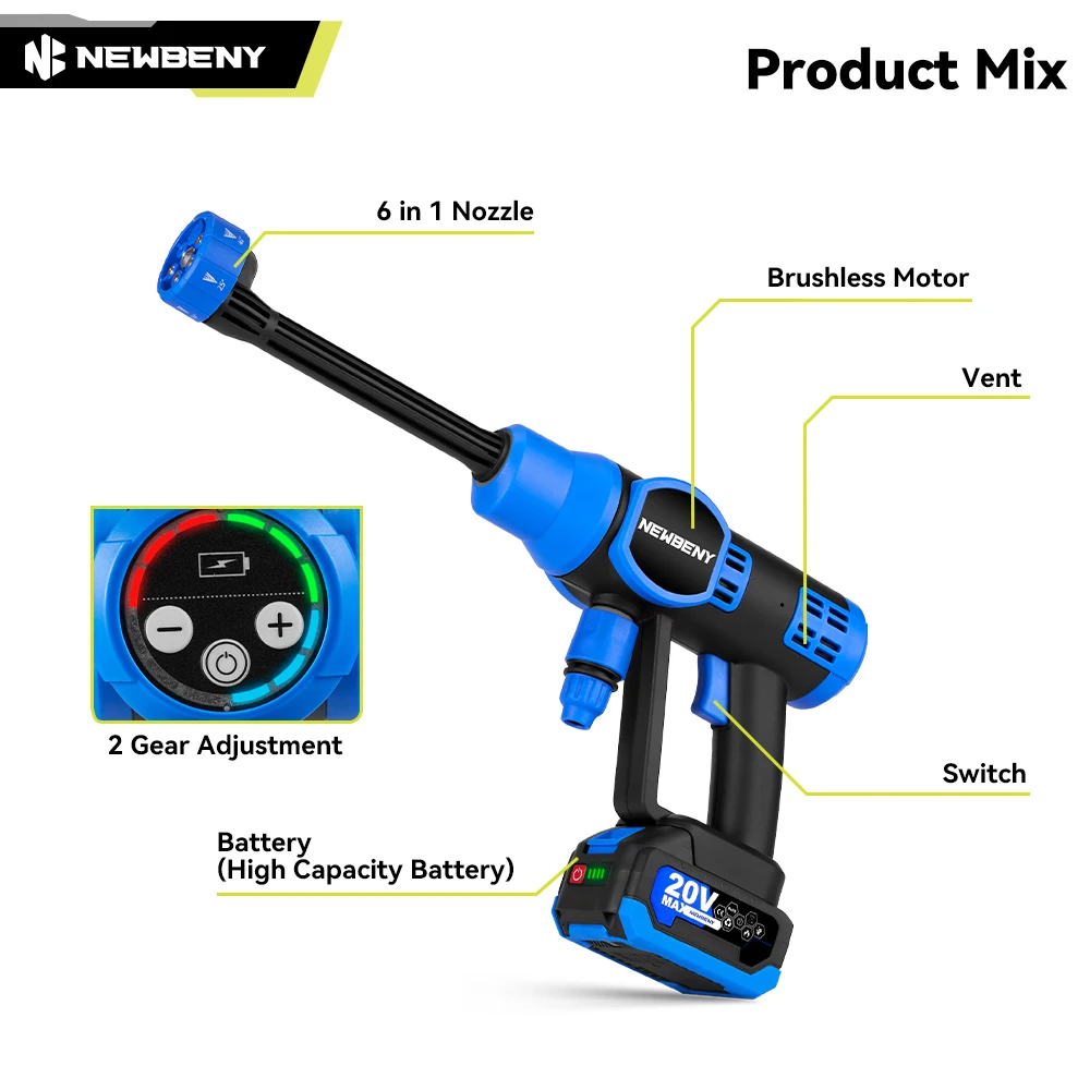 NEWBENY 200Bar 6 IN 1 Brushless Electric High Pressure Washer Cordless Car Garden Washing Power Tools For Makita 18V Battery 3
