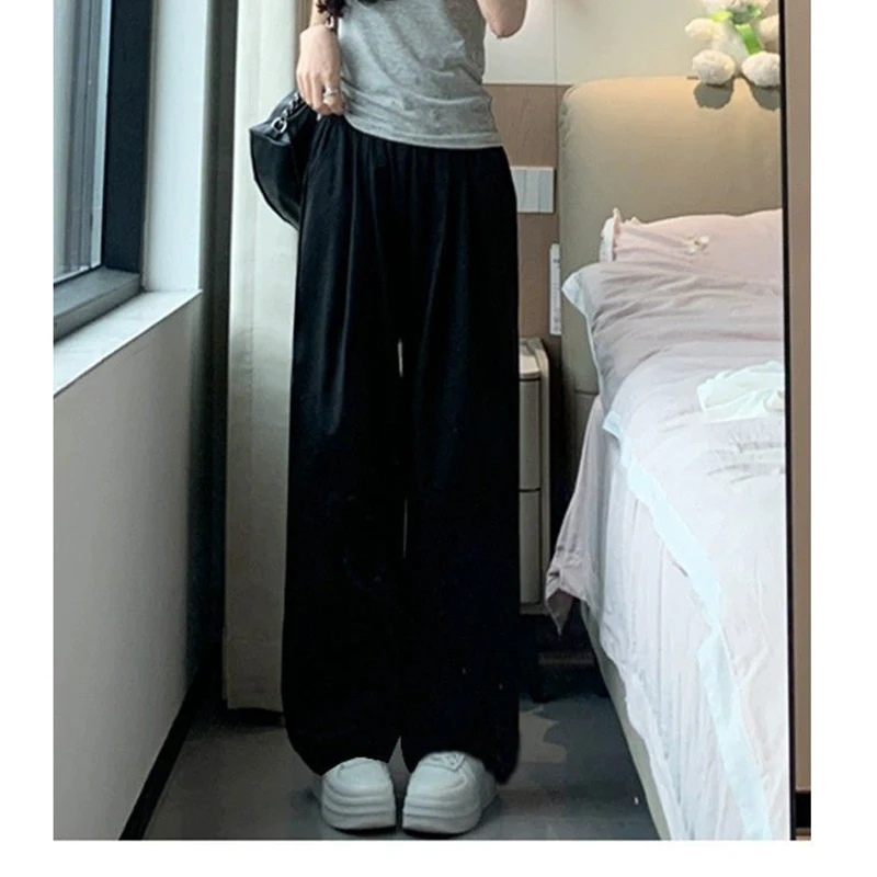 Fashion Elastic Solid Color All-match Folds Straight Pants Female Clothing 2024 Summer New Loose High Waist Casual Trousers