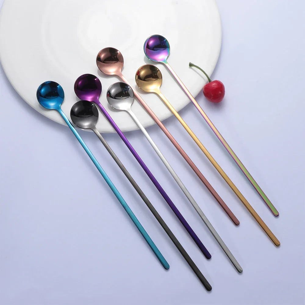 Coffee Tea Stir Spoon Long Handle Ice Cream Dessert Spoons Eco-Friendly Stainless Steel Tableware Kitchen Supplies Rainbow Color