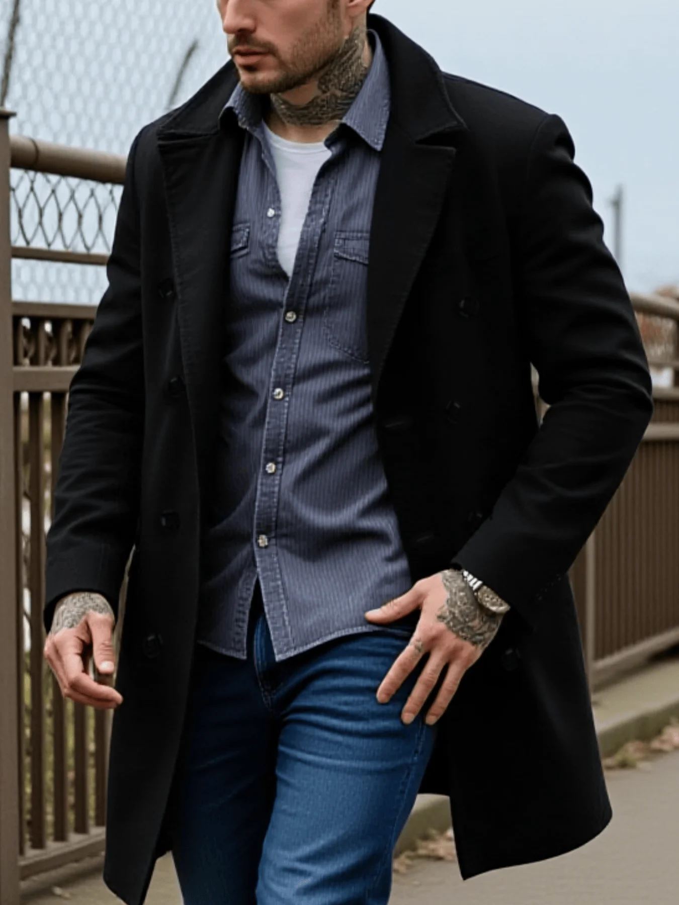 معطف رجالي ملابس الشارع معاطف صوفية مزدوجة الصدر ب...