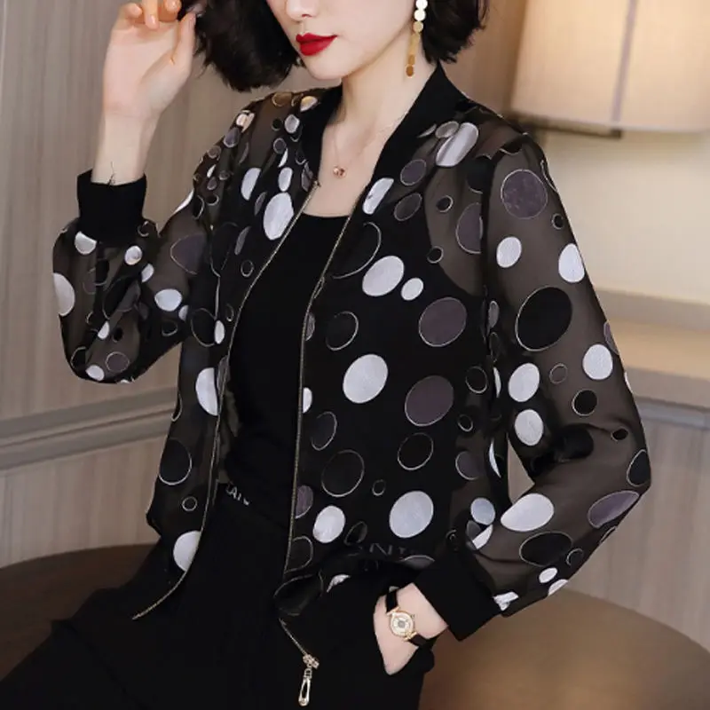 Fashion O-Neck Zipper All-match Printed Chiffon Shirt Women's Clothing 2022 Autumn New Oversized Casual Tops Loose Korean Blouse