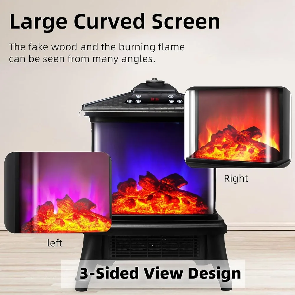 Electric Fireplace Heater with Remote 1500W Portable Freestanding Stove Heater Realistic Flame Effect 7 Colors& 3 Brightness for