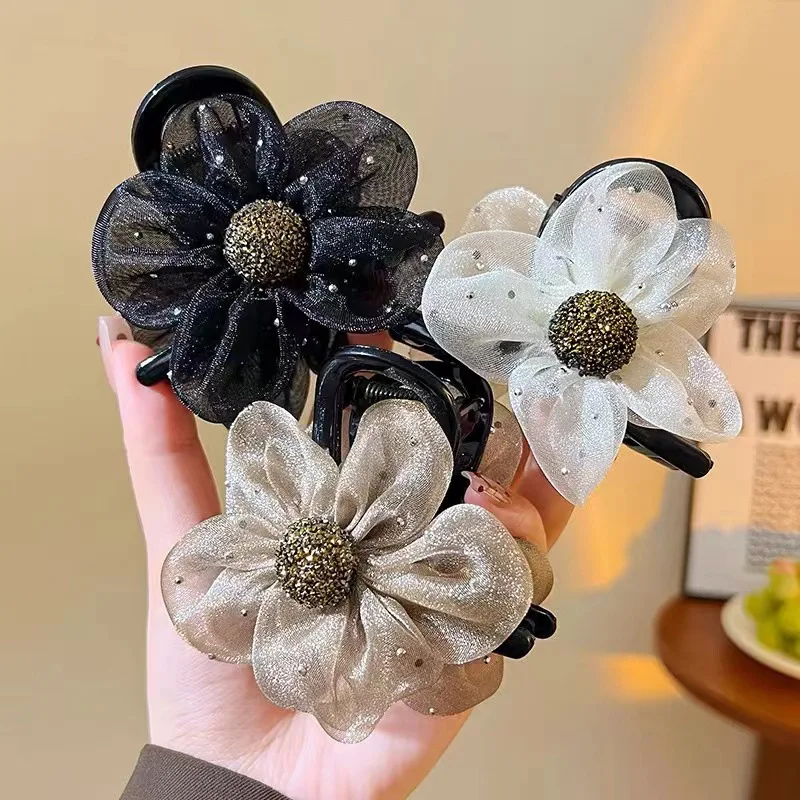 1pc Erweiterte Net Mesh Strass Blume Klaue Clip für Frauen 2025 Neue Shark Clip Hohe Pferdeschwanz Haar Cl