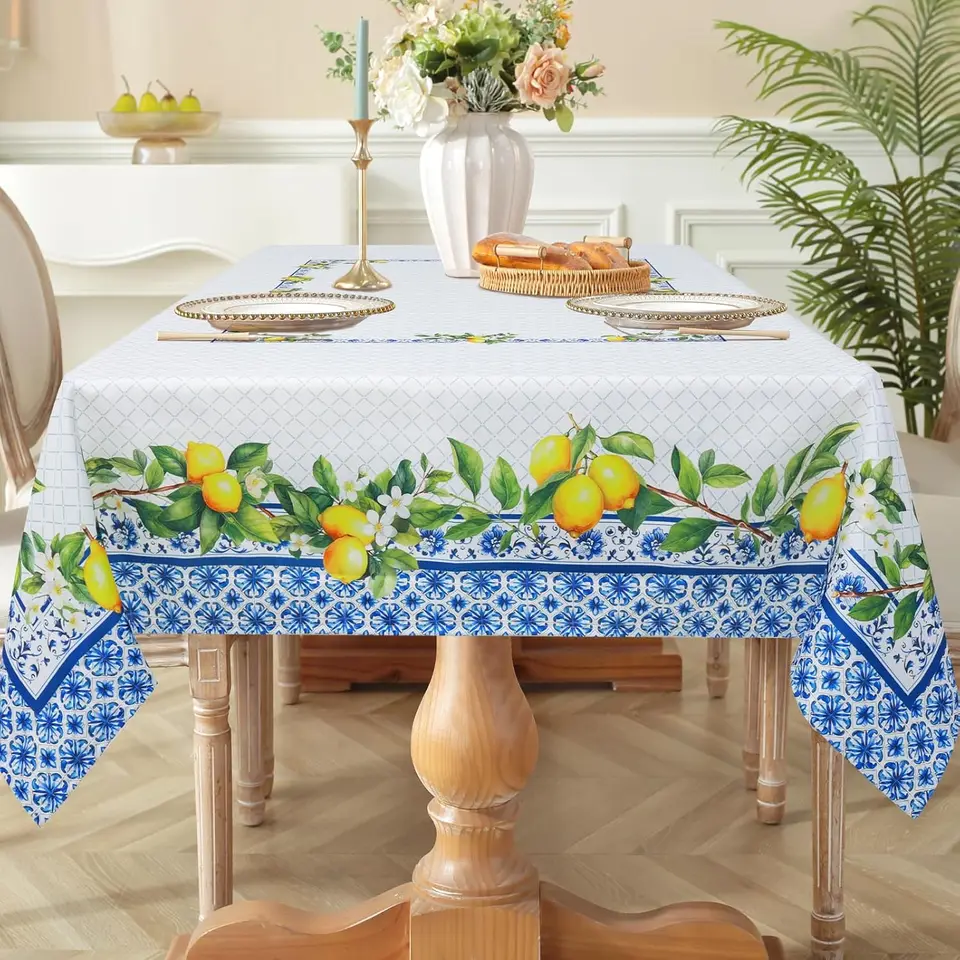 Waterproof Blue Lemon Tablecloth 60x104 Inch