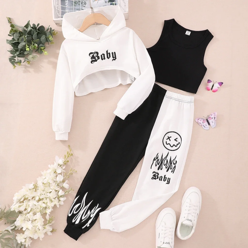 3 Pcs Set Kids Girl Clothes Hooded Hoodie + Vest + Pants Spring Summer Fashion Outfit Streetwear Suit 7 8 9 10 11 12 Years Old - AliExpress
