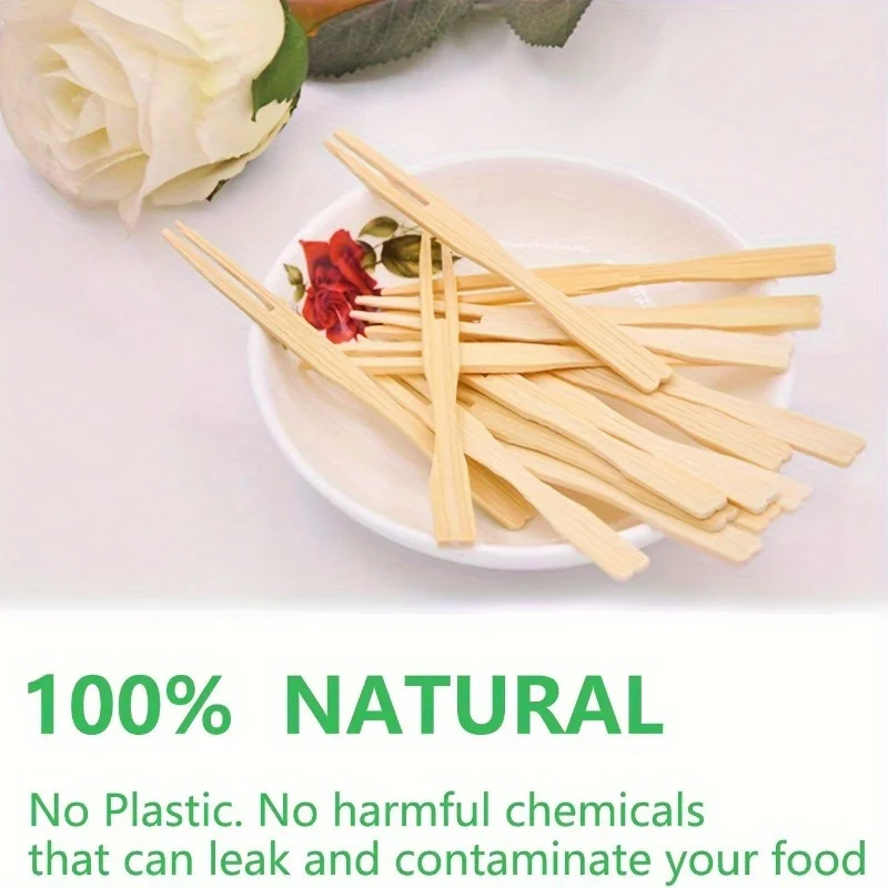 100 Pcs Bamboo Mini Cakes, Pastries, Forks, Desserts, Two-tooth Forks, Disposable Double Prong Fruit Cocktail Forks