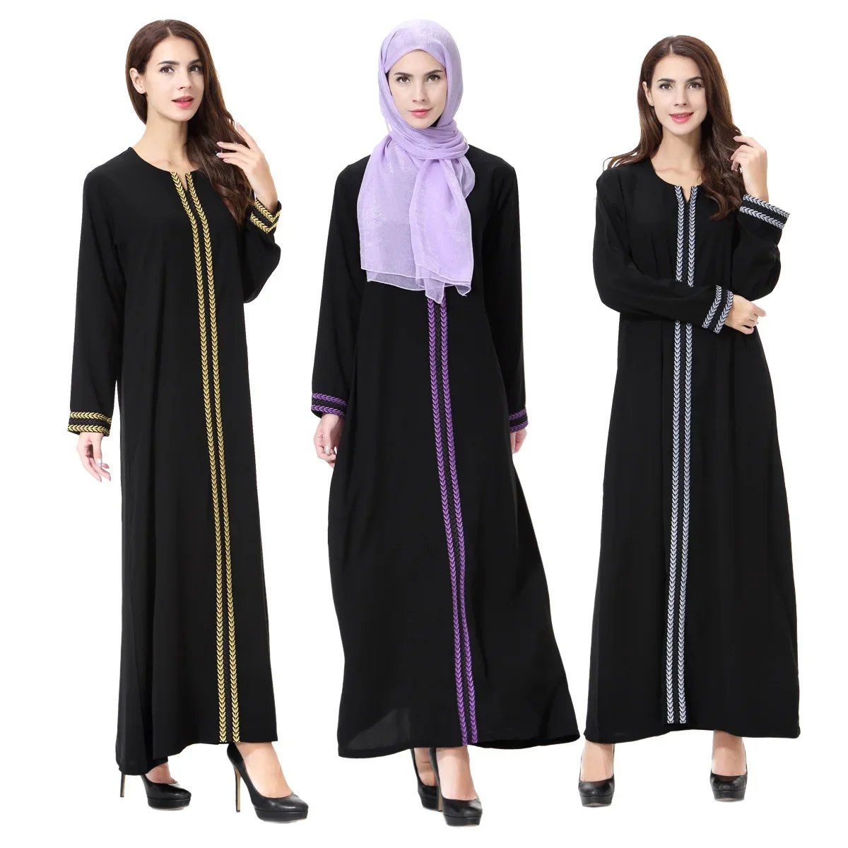 

Women Eid Muslim Abaya O Neck Morocco Ramadan Kaftan Islam Embroidery Long Robe Arab Dubai Solid Abayas Modest Jalabiya