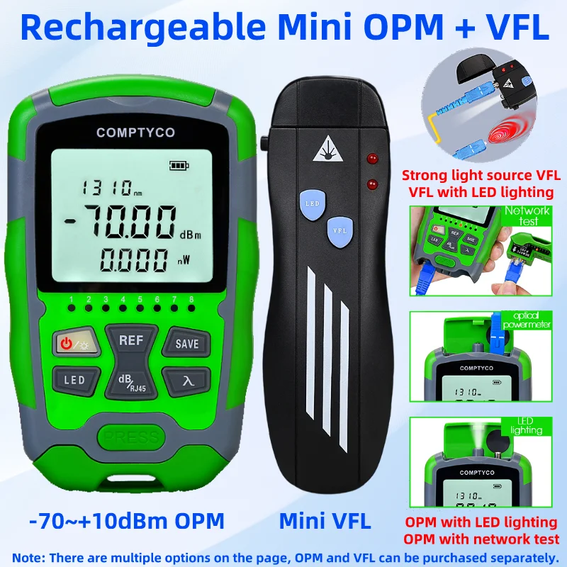

Rechargeable Mini Optical Power Meter -70-+10 OPM Visual Fault Locator 1/10/20/30/50mw VFL FTTH Fiber Tester Tool Kit (Optional)