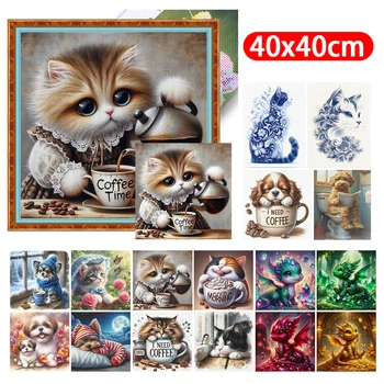 Fil de coton écologique brodé complet chat/chien mignon 11CT, Kit de points de croix chat imprimé, bricolage d'art, ornement fait à la main, décoration de maison 40x40cm 1