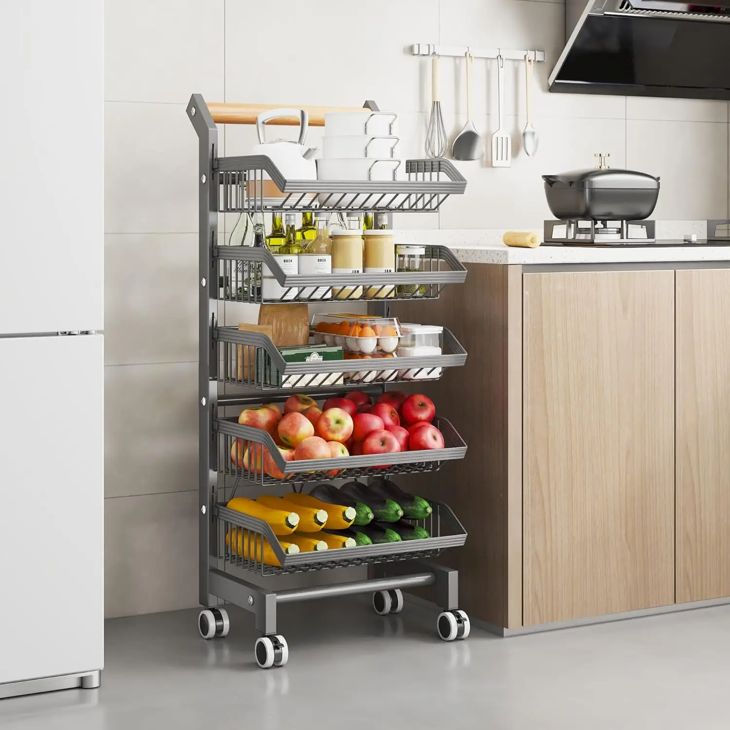 Kitchen Trolley on Wheels, 5 Tier Heavy Duty Vegetable Rack with Wood Handle, Metal Fruit Basket Stand for Onion & Potato Storage, Slim Rolling Storage Organiser for Pantry Bathroom Office 32x42x105cm