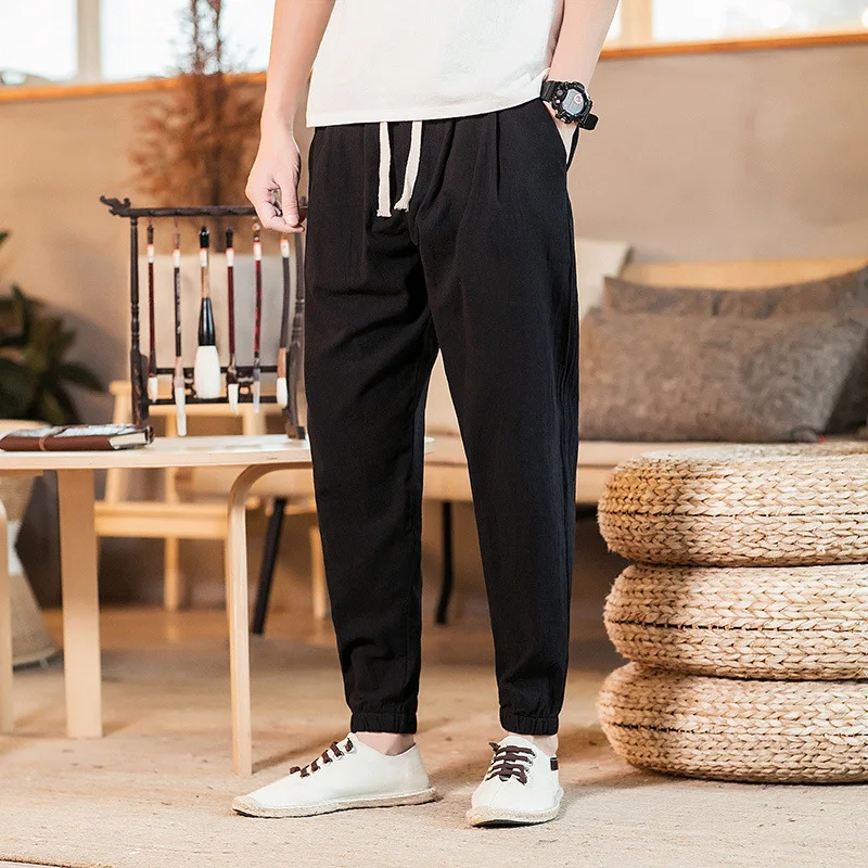 Mens Cotton Linen Summer Pants Elastic Waist Wide Leg