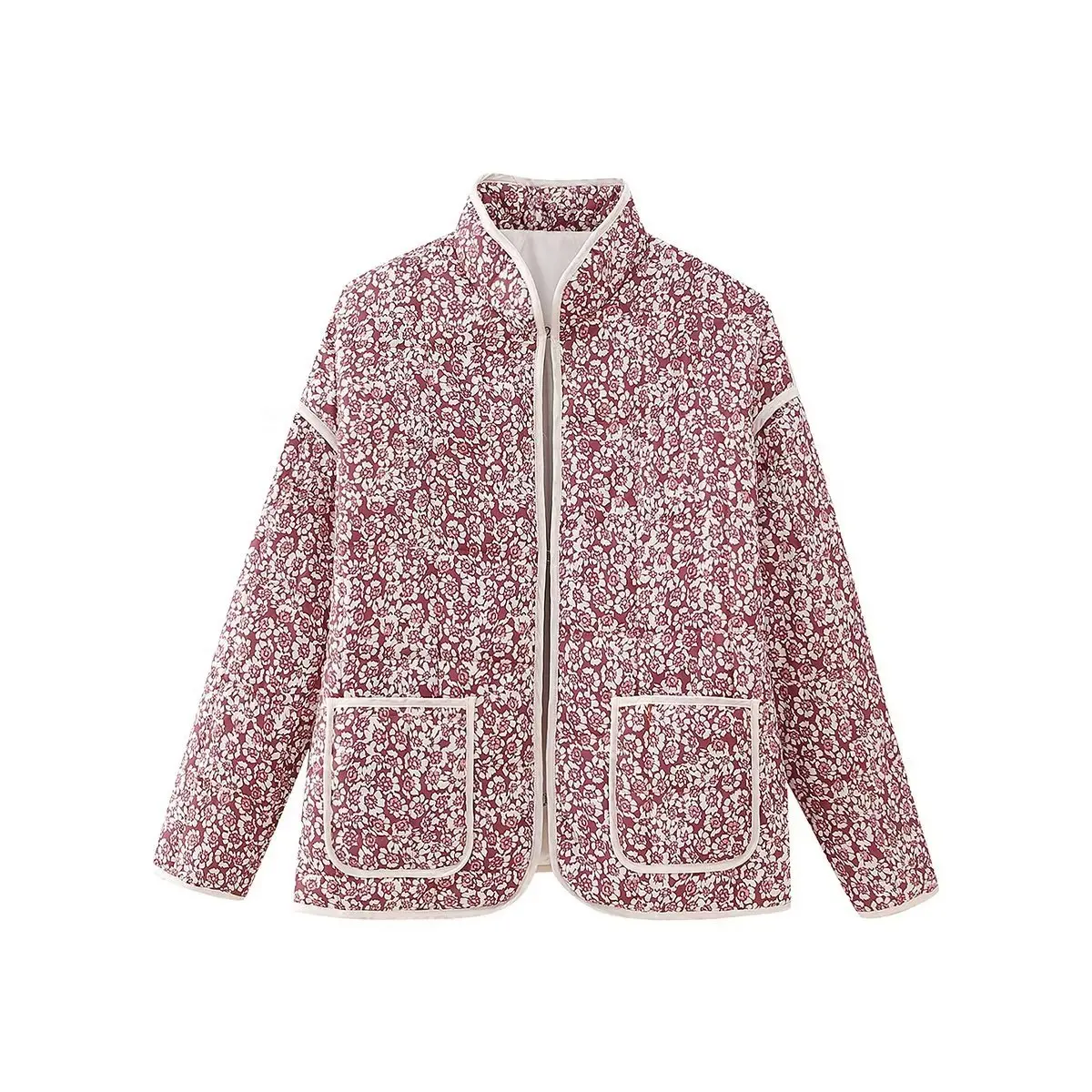 Chaqueta de mujer 여성용 겨울 재킷, 가을 꽃 프린트 얇은 포켓 장식 가디건, 코튼 코트, 여성 상의