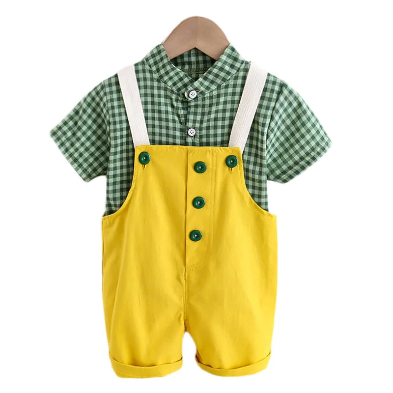 

fashion baby boys summer clothes newborn children clothing sets for boy lattice short sleeve shirts + straps shorts suit 0-6Y