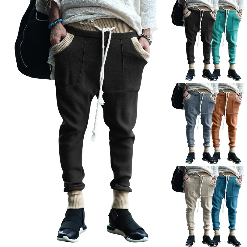 Men's casual pants, men's loose and long autumn sports loose ankle drawstring, personalized color matching knitted pants