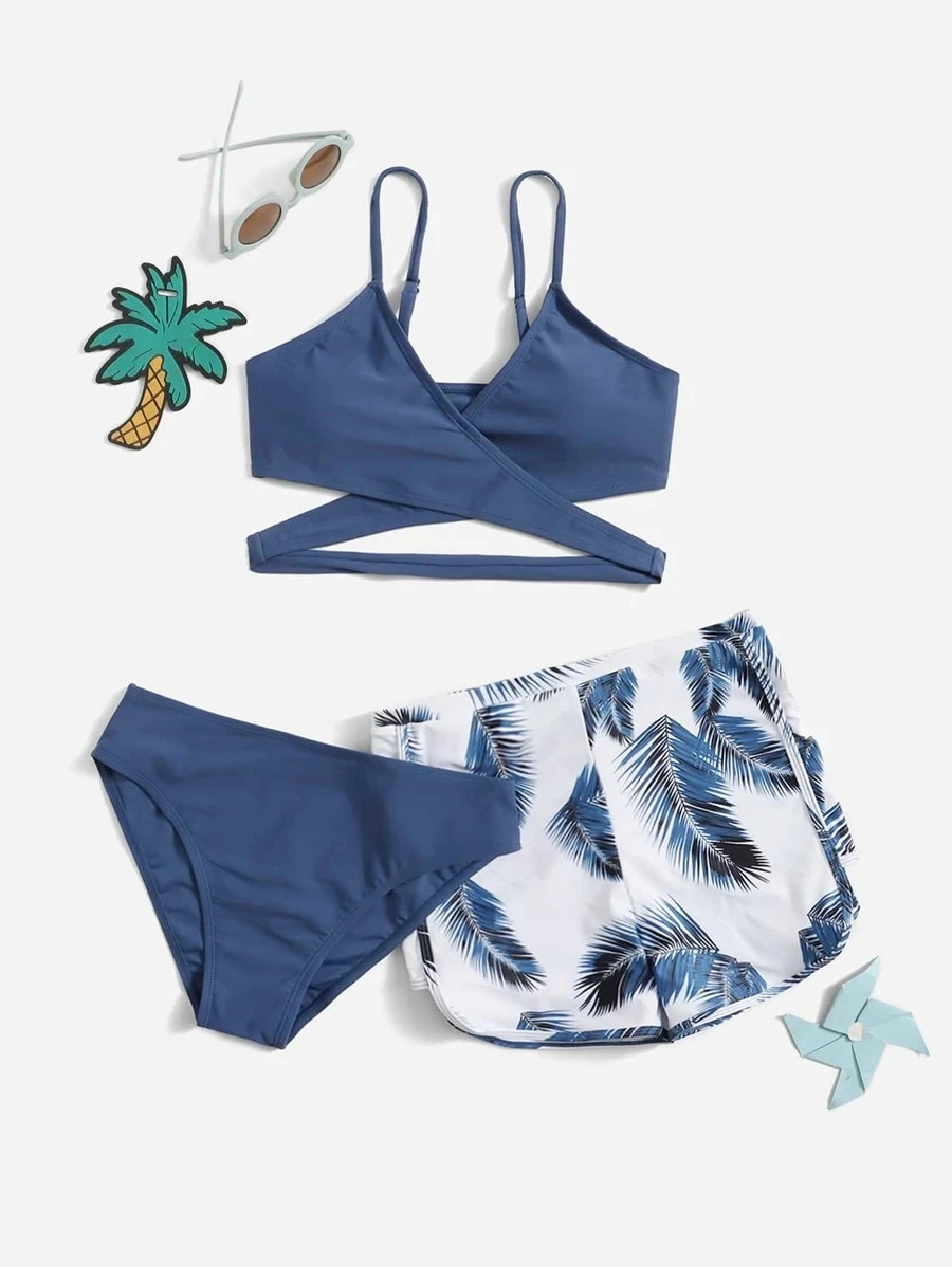 

Купальник-бикини с принтом листьев и лямкой на шее