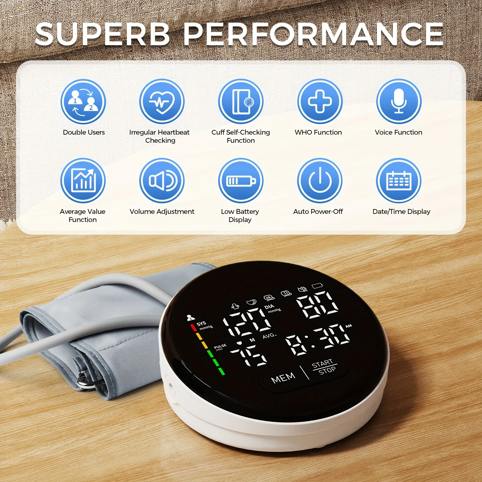 Round Digital Sphygmomanometer Adjustable CuffUpper Arm Automatic Sphygmomanometer Blood Pressure Monitor