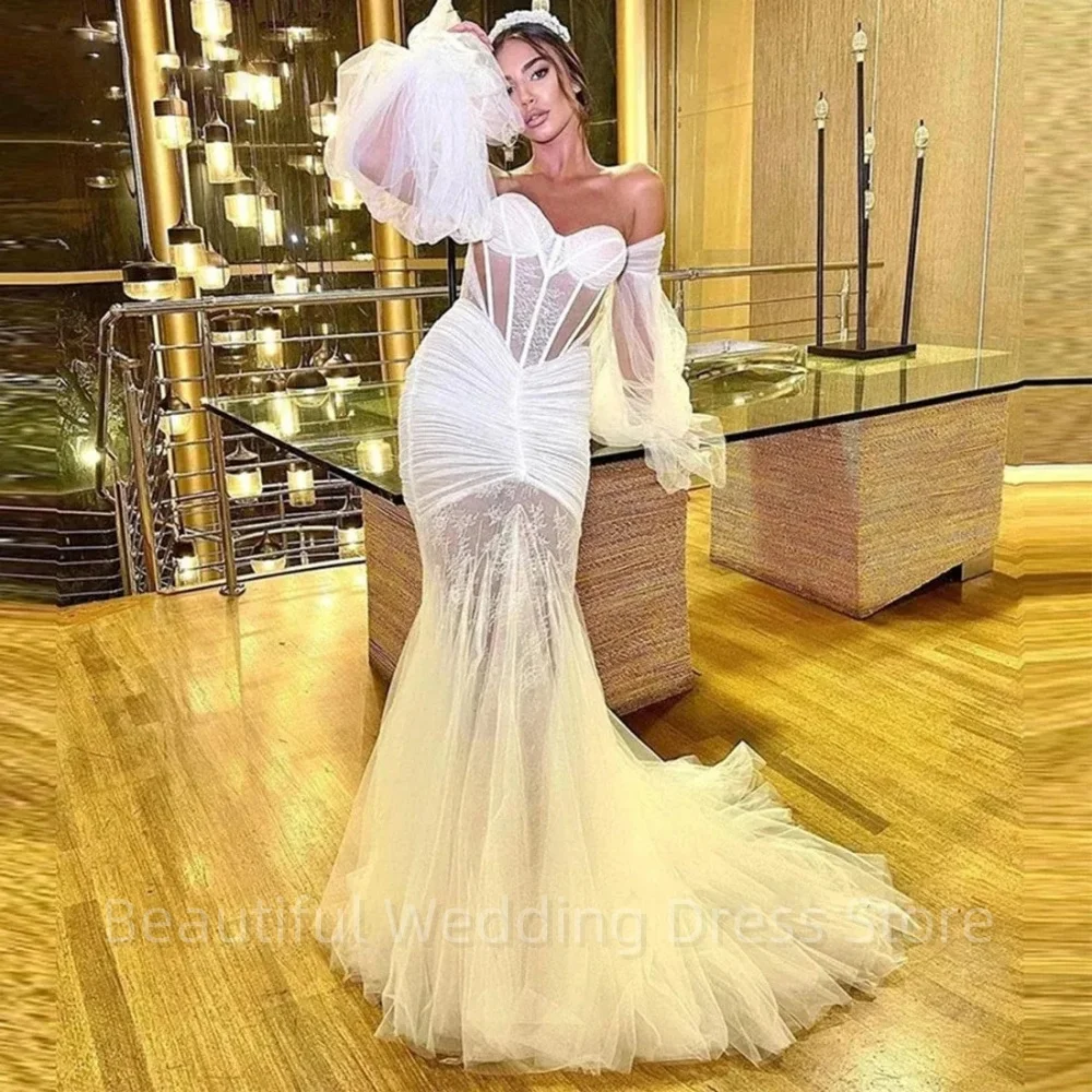 

Exquisite Lace Off The Shoulder Mermaid Wedding Dress For Women Long Puffy Sleeves Tulle Sweep Train Bridal Gown Robe