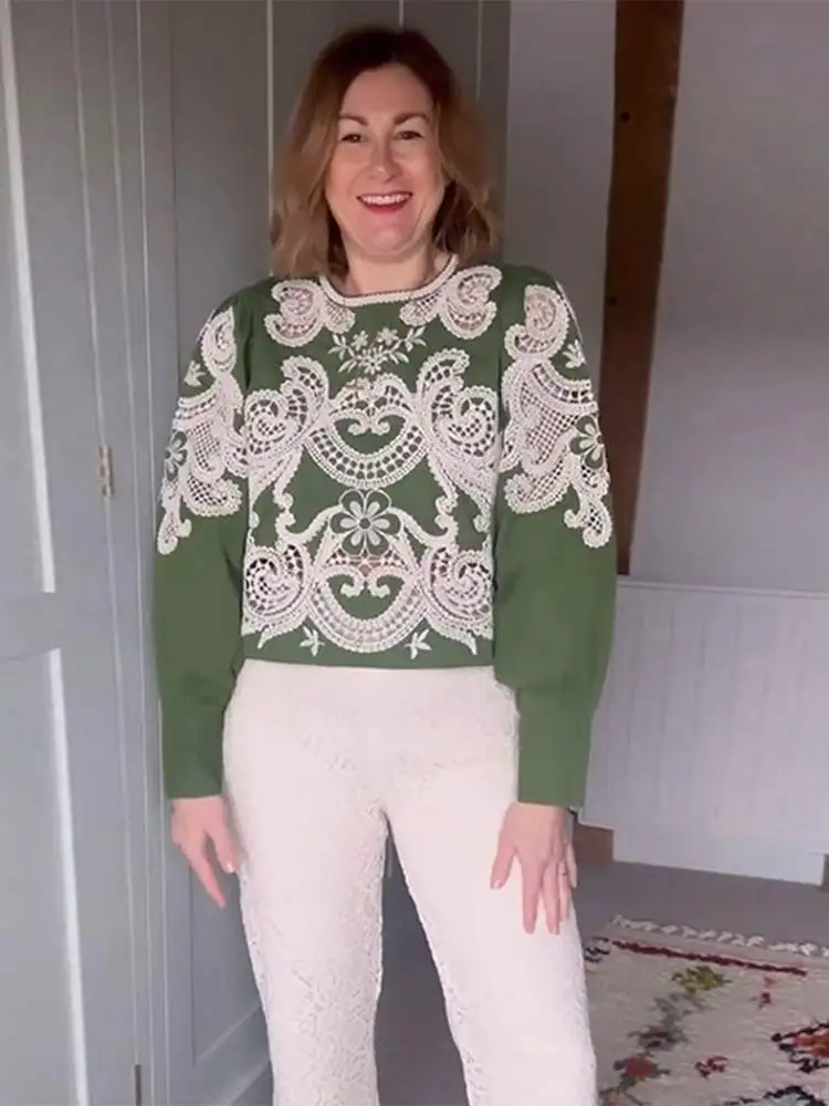 

Женская модная кружевная рубашка с круглым вырезом и принтом, повседневные свободные укороченные топы с длинным рукавом, новинка весны 2024, шикарная женская уличная одежда