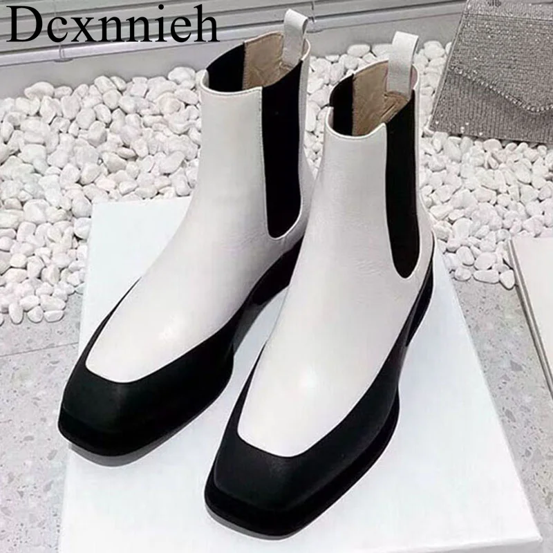 

New Square Toe Genuine Leather Mixed Color Short Boots Women's Elastic Band Slicing Ankle Boots Winter Versatile Chelsea Boots