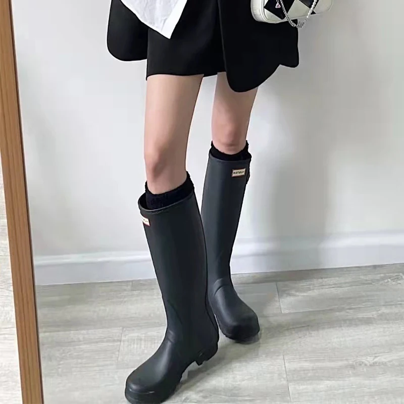 

Round Toe Waterproof Non-Slip Rain Boots Woman Winter 2023 All-Match Buckle Block Heel Boot Female Fashion Shoes for Women