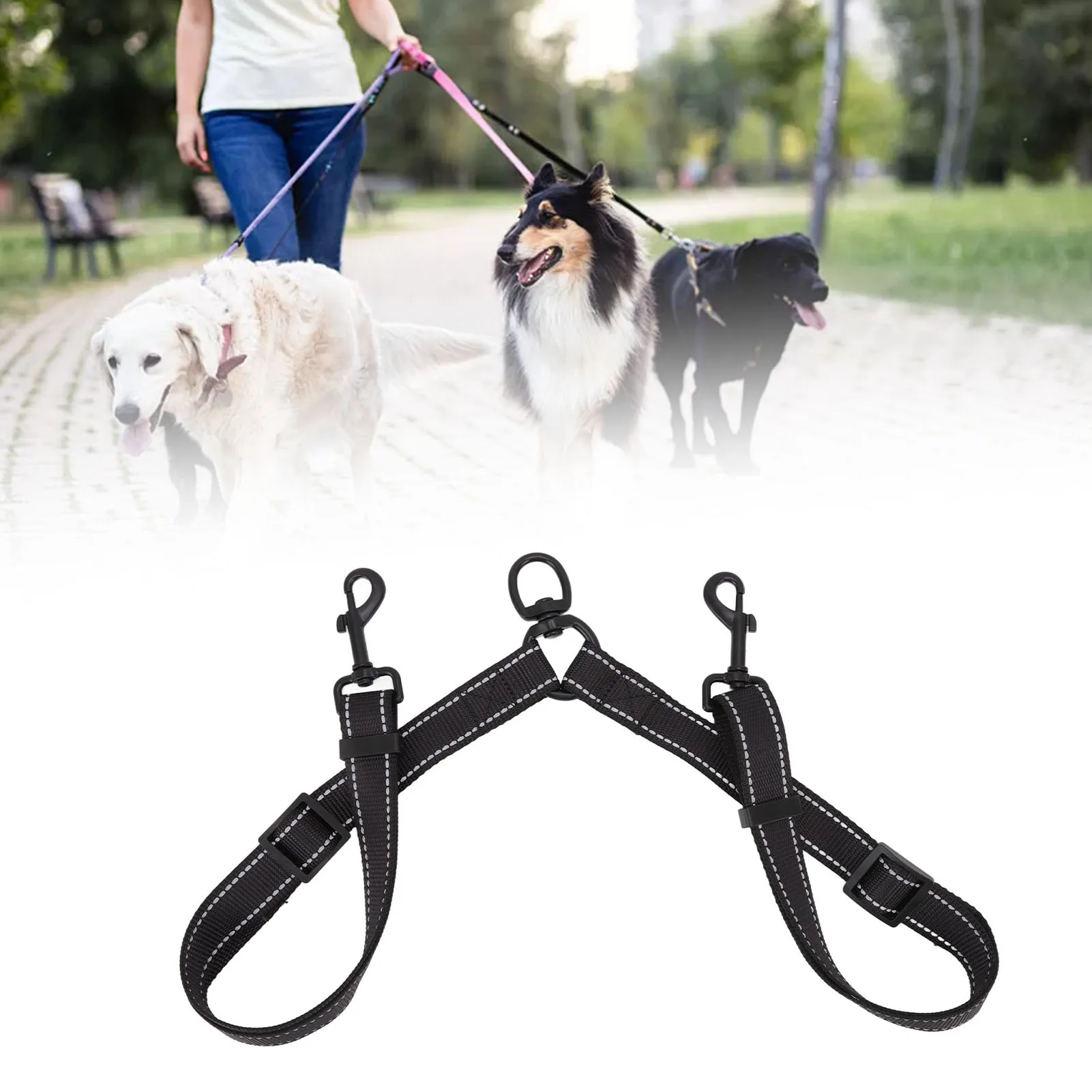 Leash Black Nylon 360 Degree Swivel Reflective Dual Dog Walking Leash For Dog Outdoor Activity - PeticaDeals