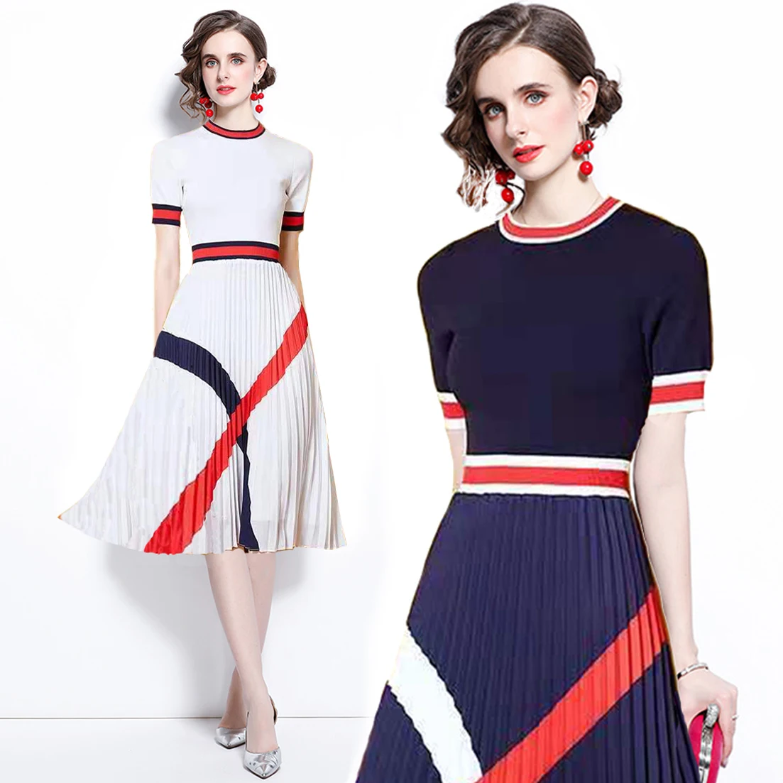 

Chic Knitted Casual Women's Dresses Kawaii Summer Fashion Breathable Sweater Printed O-Neck Pleated Elegant Casual Dresses Women
