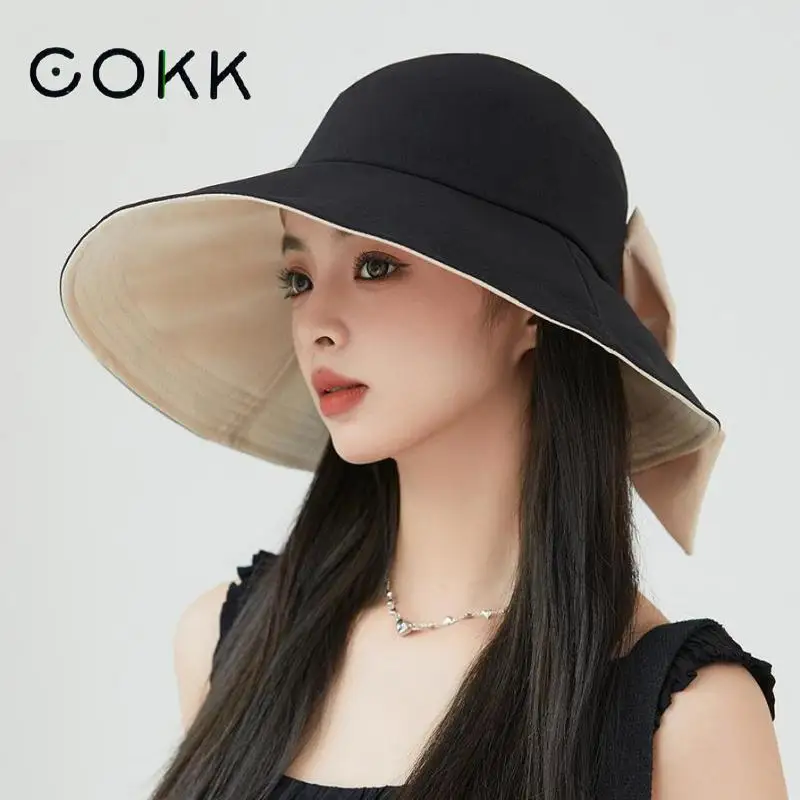 

COKK Summer Hats For Women Bucket Hat Female Big Bow Wide Brim Fisherman Cap Cotton Outdoor Sunshade Beach Hat Foldable Gorro