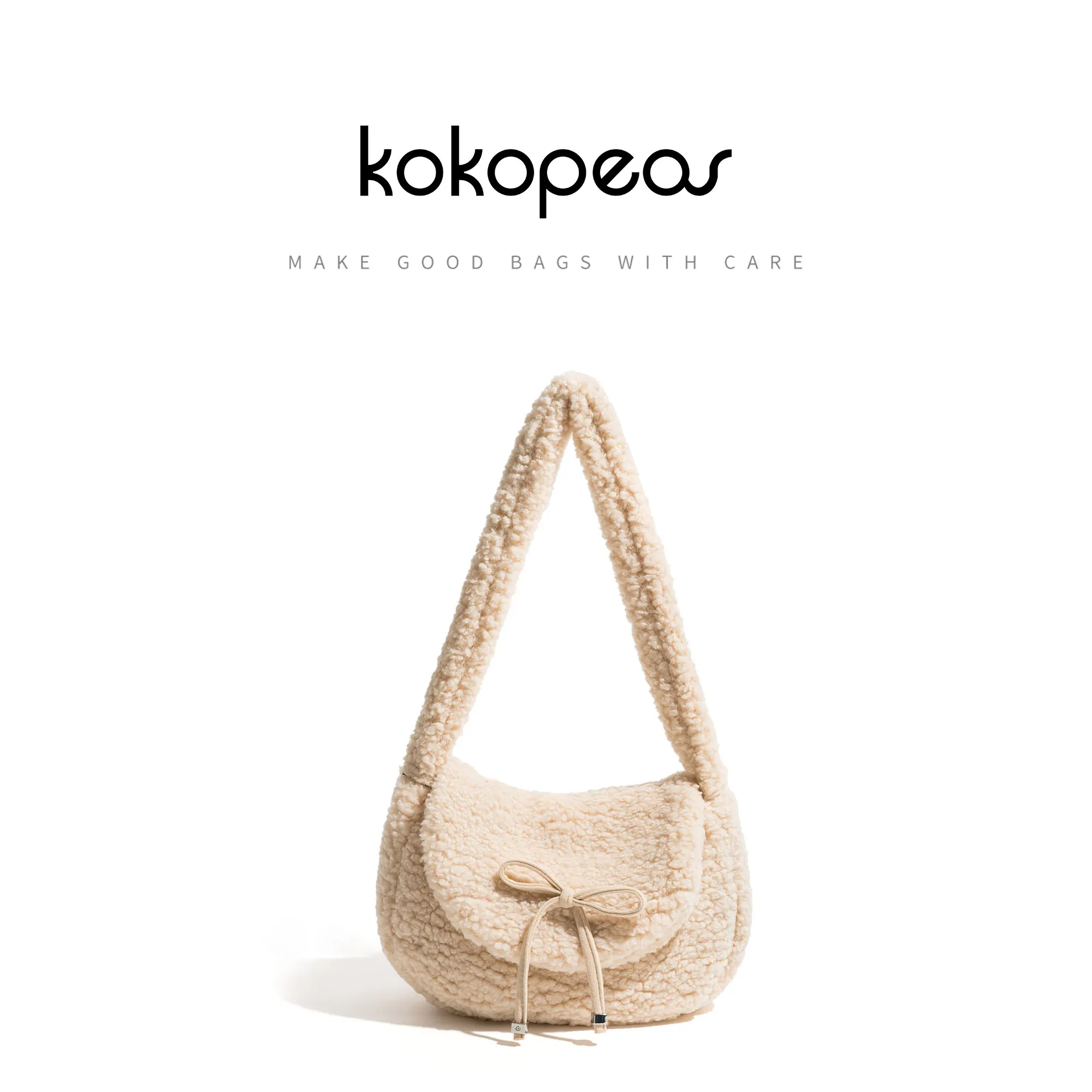 

KOKOPEAS Lamb Like Fabric Winter Shoulder Bag Faux Fur Bow Design Cute Girl's Hobo Clutch Plush Soft Furry Crosbody Ladies Purse