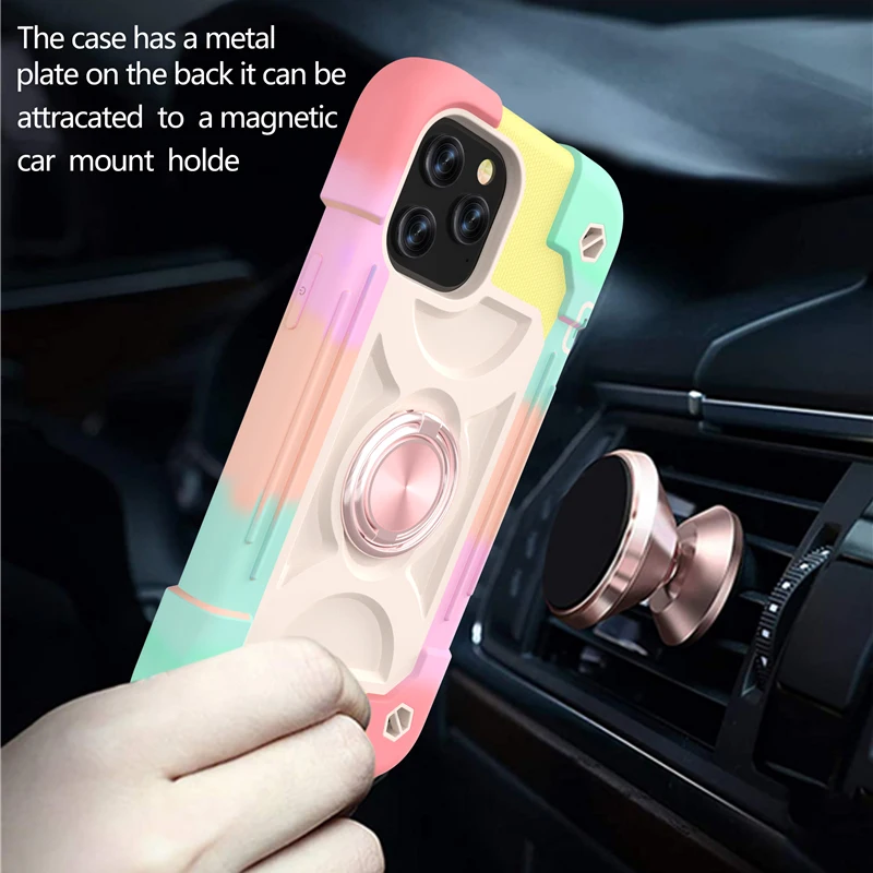 Armor Bumper Shockproof Phone Case For iPhone 14 13 12 11 Pro Max XR XS Max X 7 8 Plus Colorful Rugged Ring Holder Hard PC Cover
