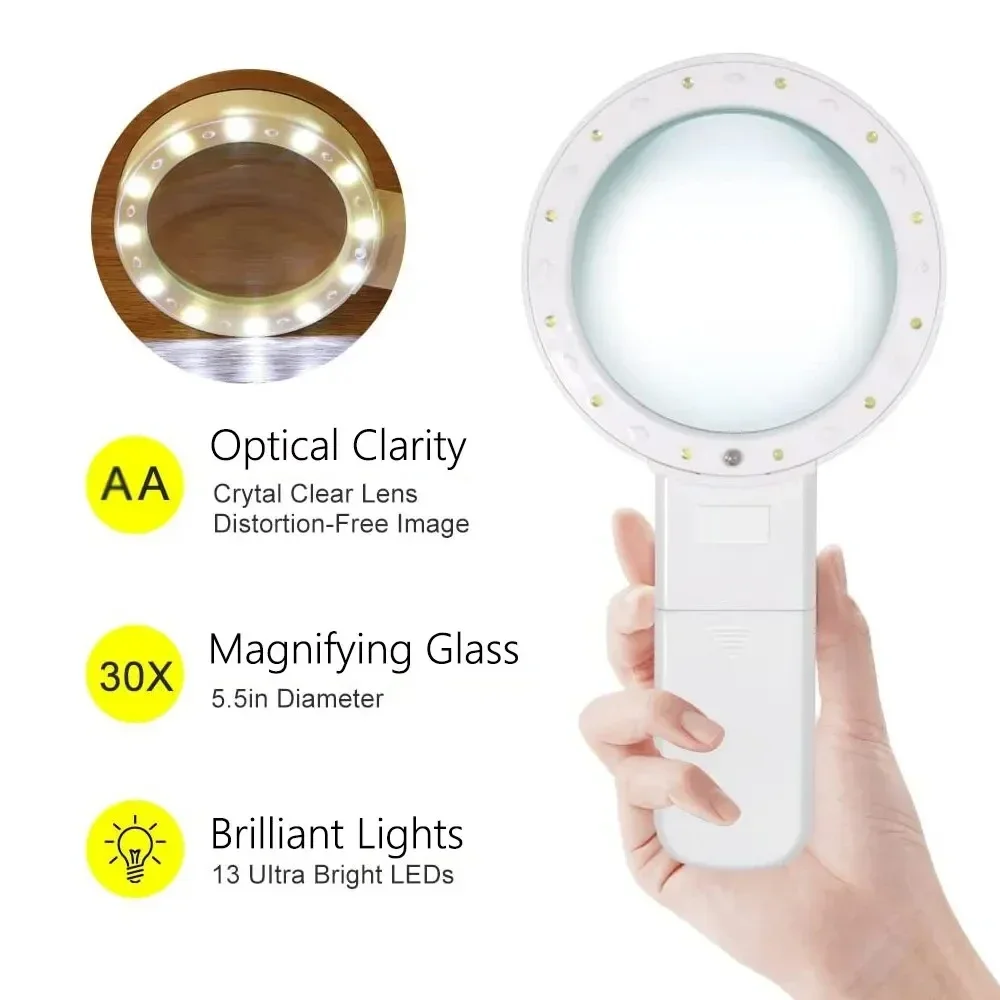 30X Handheld Illuminated Magnifying Glass with 12 LED Lights Reading Magnifier for Seniors Coins Insect Inspection Jewelry Loupe Magnifying Glass