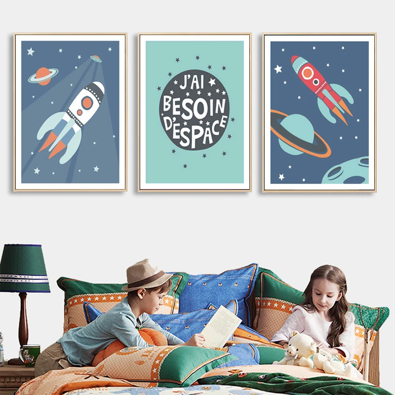 Camera Dei Bambini Minimalista Cartoon Astronaut Planet Rocket Letter Bambini Poster Nursery Canvas Painting Wall Art Print Picture