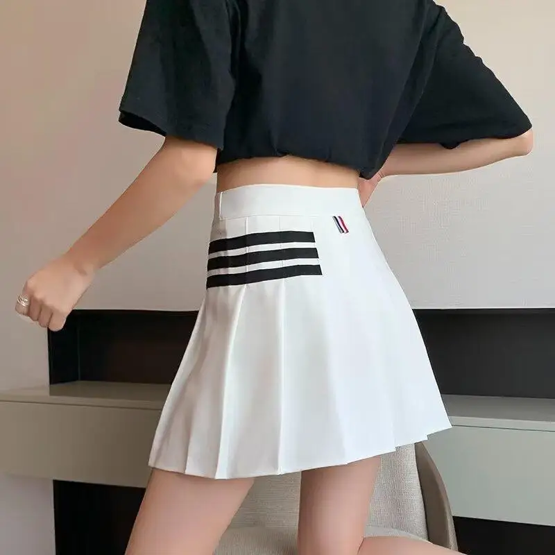 Women Pleated Skirt Summer High Waist Zipper Preppy Style Mini Skirts Black Fashion Student A Line Female Sweet Striped Shorts