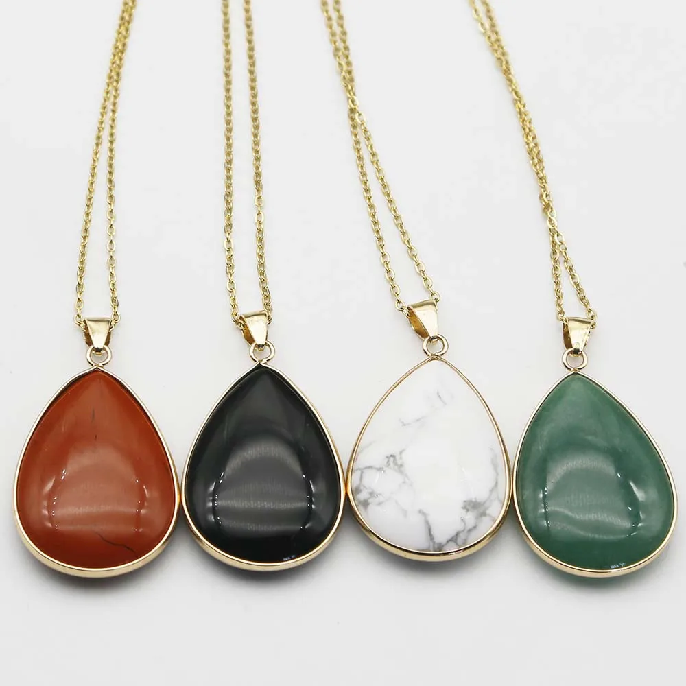 New Natural Stone Crystal Agate Water Drop Necklace Pendant Gold Edged Sweater Chain Fashion Charm Jewelry Gift Accessories 4Pcs