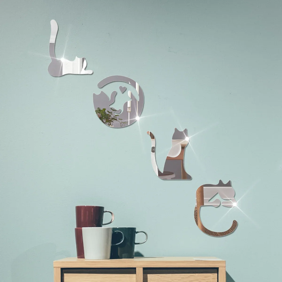 Wall Sticker Mirror Wall Sticker Acrylic Wall Sticker LOVE Cat Mirror 3D Wall Sticker Acrylic Paste Home Decoration Cats Wallpaper Bathroom Bedroom Living Room Door Wall Decor