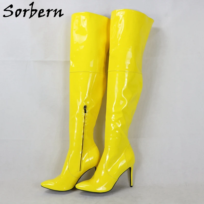 

Sorbern Bright Yellow Patent 65cm Mid Thigh High Boots Women Half Zipper Pointy Toe High Heel Stilettos 12Cm Custom Shaft Length