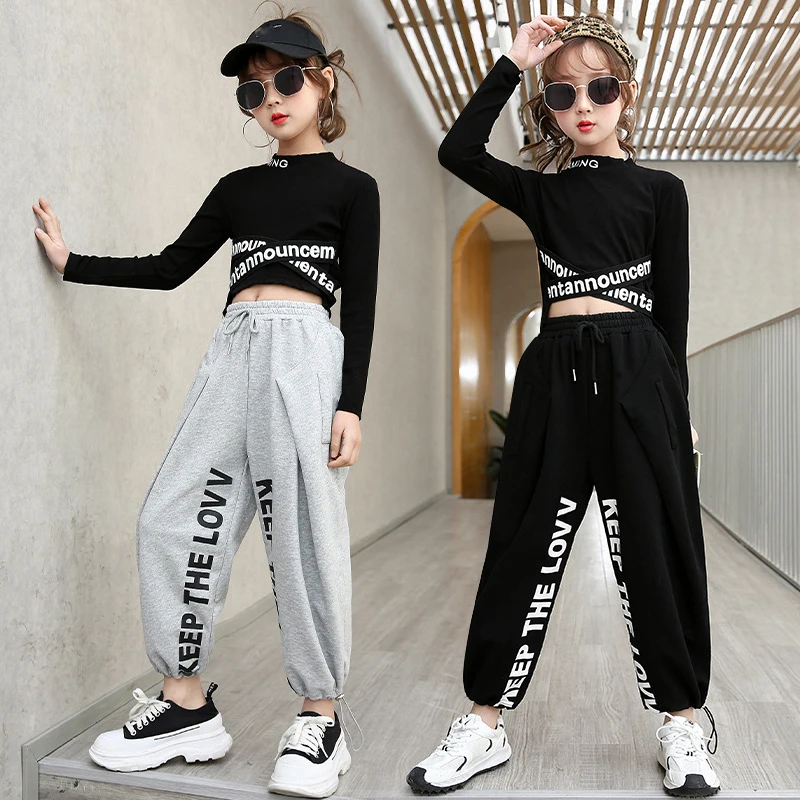 

Girls Jazz Tracksuit Spring Hip hop Dance Costumes Kids Hip-Hop O-Neck Letter Long Sleeve Pure Cotton Suits Children's Clothing