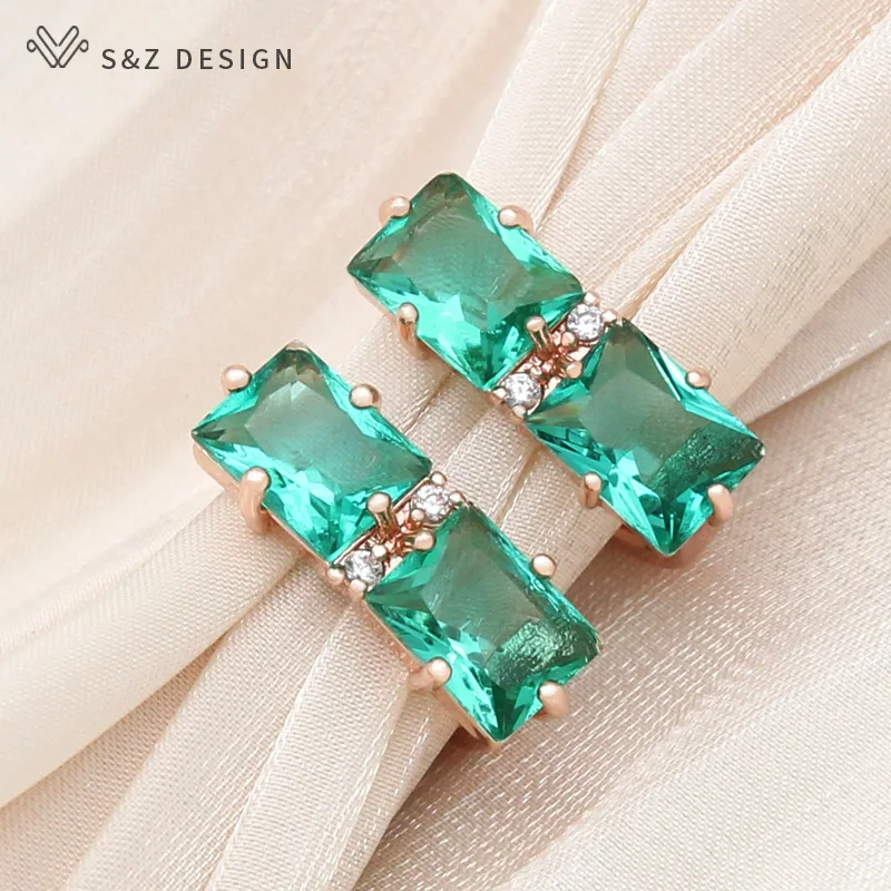 S&Z DESIGN New Fashion 585 Rose Gold Color Rectangle Crystal Drop Earrings For Women Wedding Jewelry Cubic Zirconia Eardrop