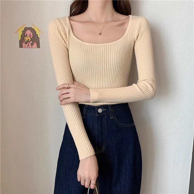 Frauen Grundlegende Solide Square-neck Pullover Hohe Qualität Slim Fit Beiläufige Gestrickte Pullover Herbst Winter Langarm Basis Schicht tops – Detail 27