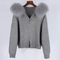 2024 Fashion Autumn Winter Casual Hooded Real Fox Fur Collar Fashion Short Knitted Jacket with Natural Fur Coat for Women - Image 3