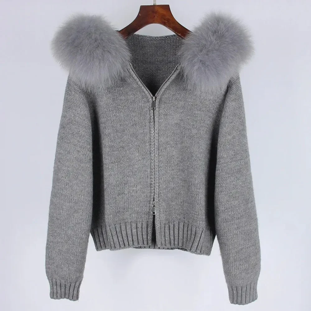 2024 Fashion Autumn Winter Casual Hooded Real Fox Fur Collar Fashion Short Knitted Jacket with Natural Fur Coat for Women 3