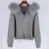 2024 Fashion Autumn Winter Casual Hooded Real Fox Fur Collar Fashion Short Knitted Jacket with Natural Fur Coat for Women 3