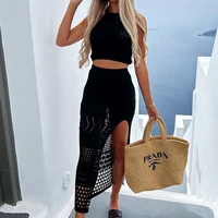 New Style Knitting Solid Color Tank Top Texture Slit Dress Ladies Beach Sunscreen Dress Suit Hollow Out Beachwear Cover Up - Image 4