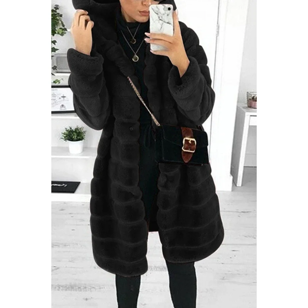 Plus Size Winter Warm Daily Black Solid Plush Thickened Hooded Long Sleeve Faux Fur Loose Long Winter Coat