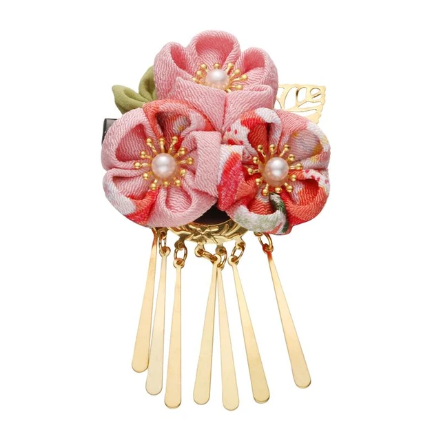 Modern Sakura Golden Cherry Blossoms Hair Clip, Japanese Traditional Tsumami Kanzashi Hair Accessory