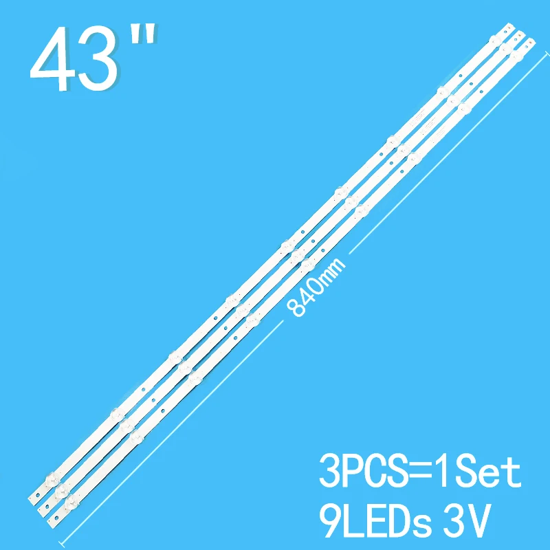 New 3PCS/lot 840mm LED Backlight strip 9LED(3v) For 43s5295 43pfg5813 43s5195 Aoc 43s5195/78g 3pcs set 32inch 623mm led backlight tv strip for philips 9led 320wu1 f32c7100b 321e5q 32phf3056 t3 gc32d09 zc14f 05 303gc315037