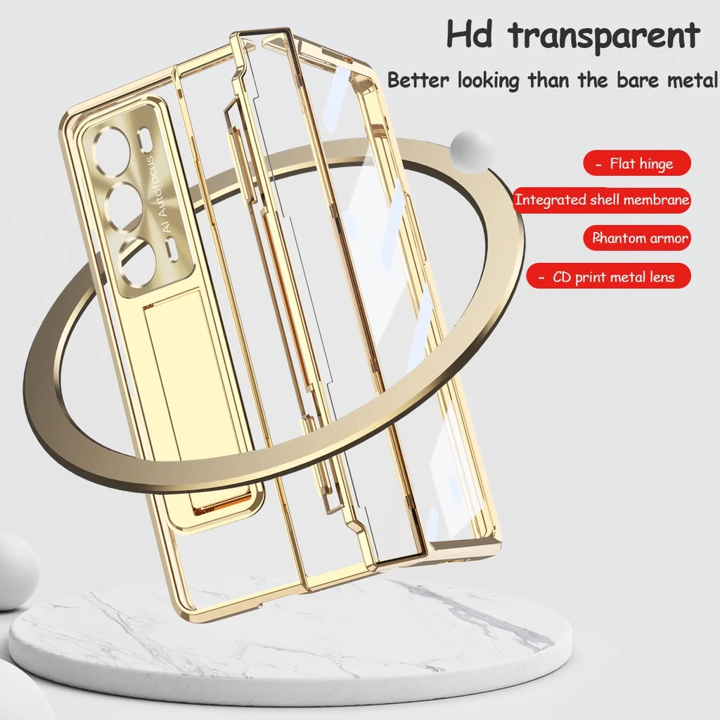 Leveling Hinge Case For Honor Magic V2 Plateing Hard Cover with Kickstand Camera Protection with Front Glass Wireless Charge