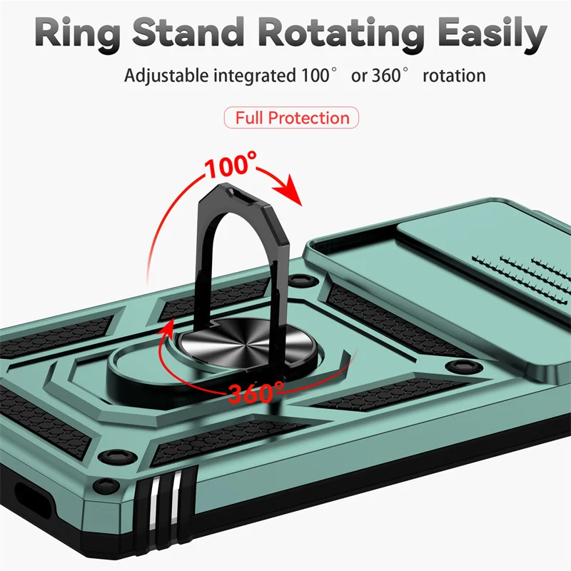 Durable Armor Slide Lens Cover with 360° Magnetic Ring Holder - Shockproof Protective Case