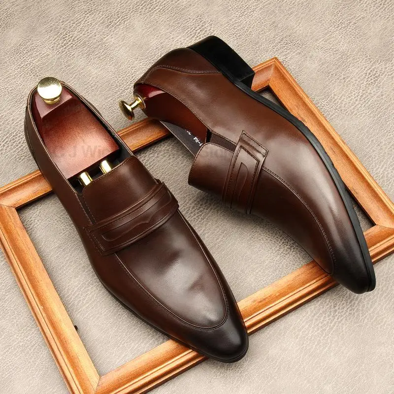 

Handmade Genuine Cow Leather Shoes Men's Black Coffee Social Formal Wedding Dress Shoes Loafers Pointed Toe Stylish Office Shoe