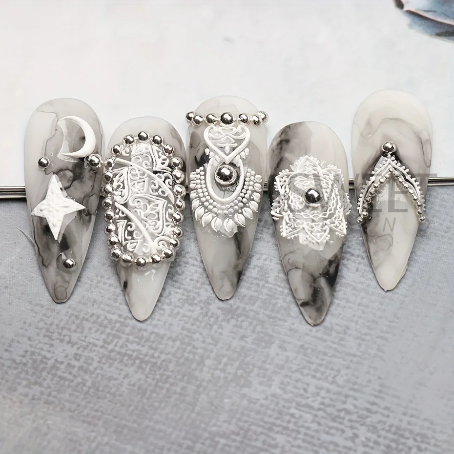 5D Fashion Totem Embossed Nail Stickers Black White Filigree Retro Self Adhesive Decals Lace Flowers Relief Manicure Folis Decor